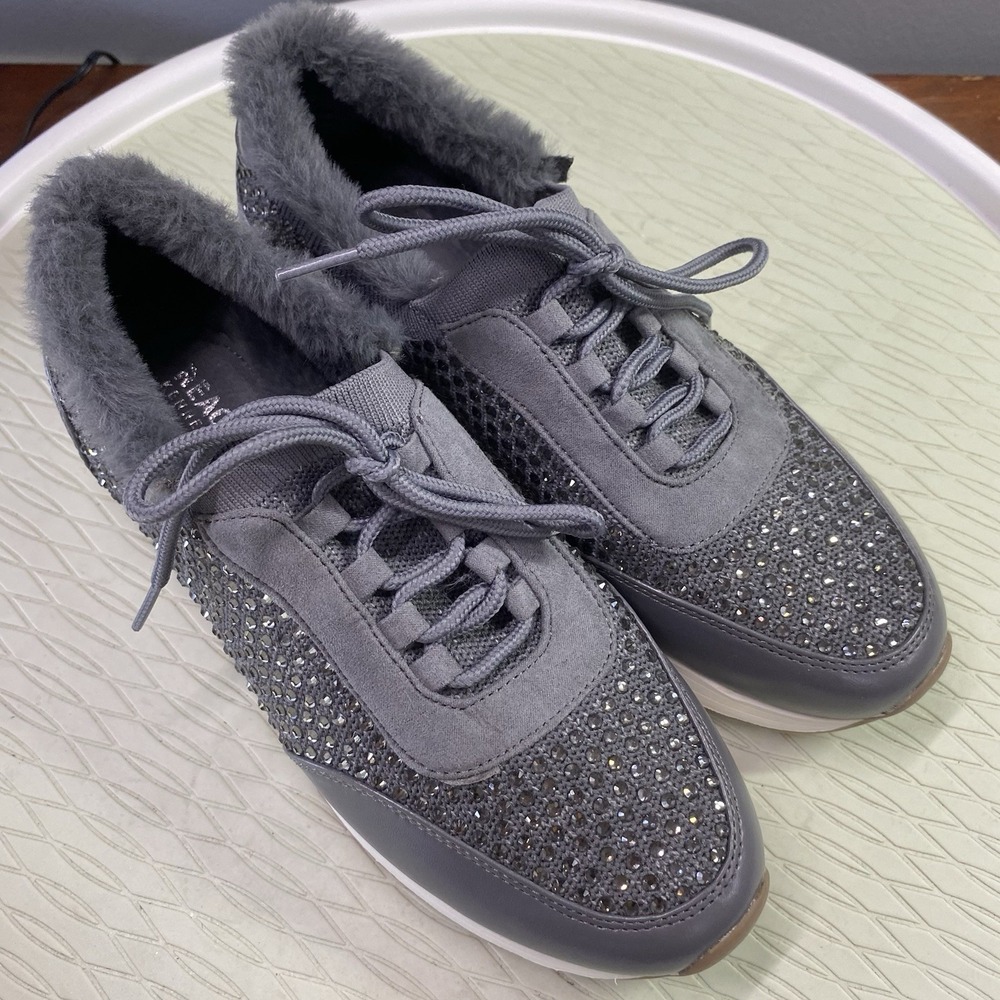 Kenneth Cole Reaction Cari Womens Faux Fur Jewel Jogger Sneaker Gray Sz.7 NWOB